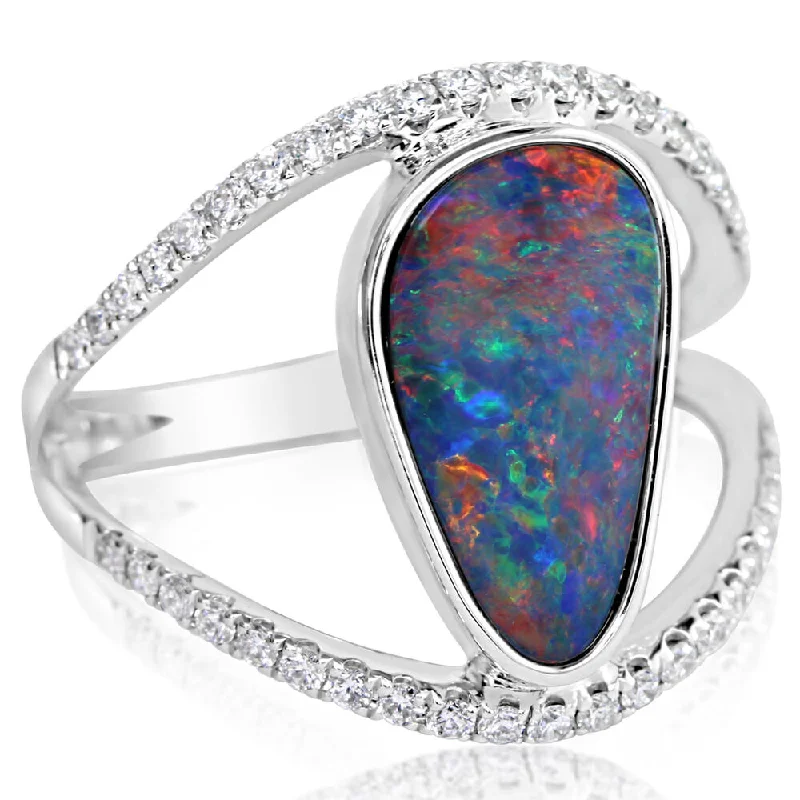 14K White Gold Australian Opal Doublet/Diamond Ring