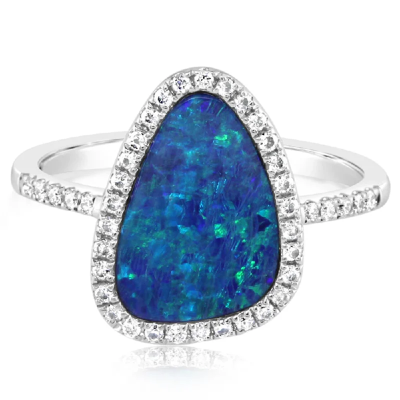 14K White Gold Australian Opal Doublet/Diamond Ring