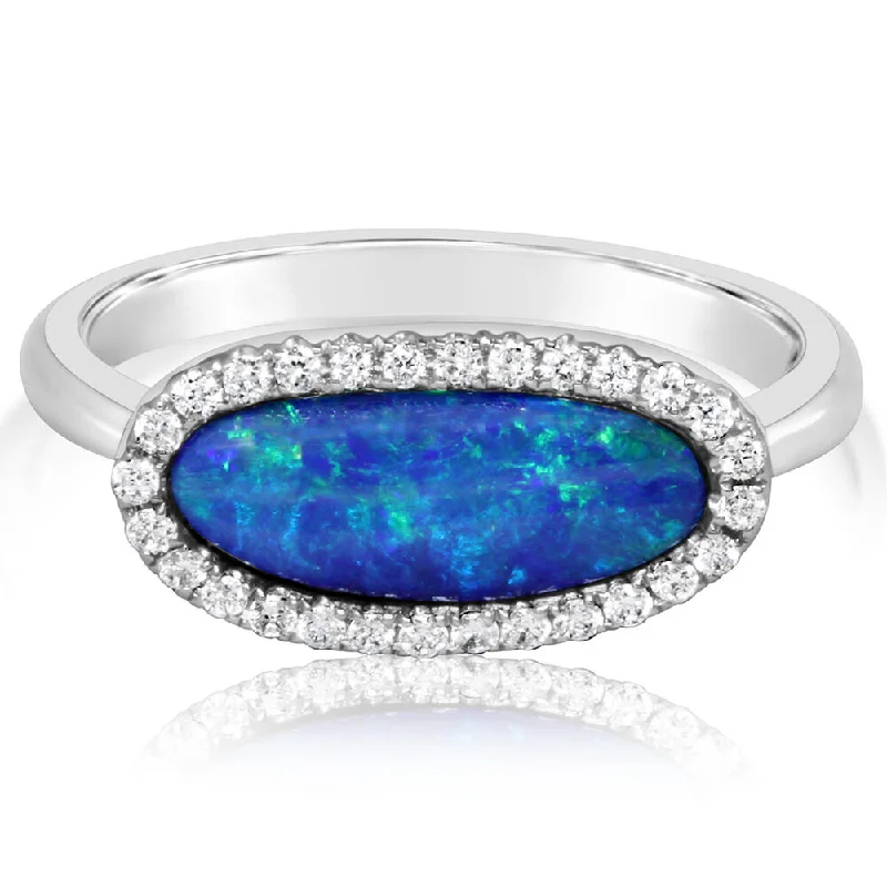 14K White Gold Australian Opal Doublet/Diamond Ring