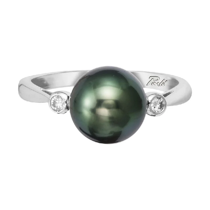 14K White Gold Tahitian Pearl 9mm/Diamond Bezel Ring