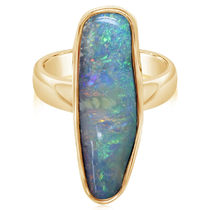 14K Yellow Gold Australian Boulder Opal Smooth Shank Ring