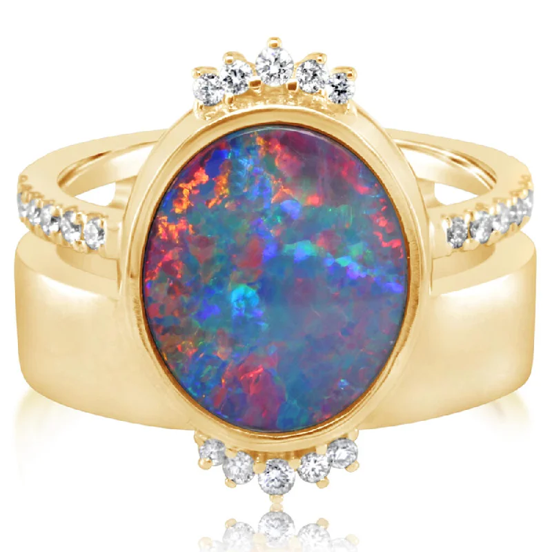 14K Yellow Gold Australian Opal Doublet/Diamond Cigar Band Ring