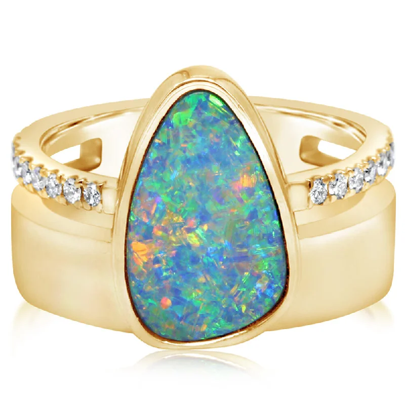 14K Yellow Gold Australian Opal Doublet/Diamond Cigar Band Ring