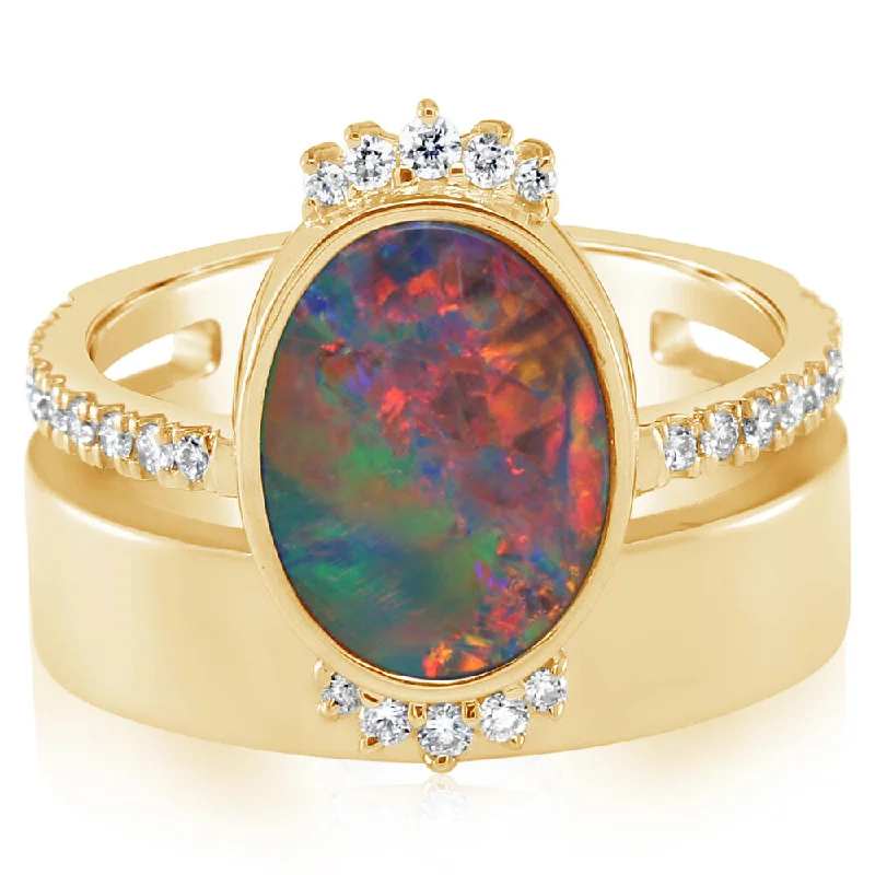 14K Yellow Gold Australian Opal Doublet/Diamond Cigar Band Ring