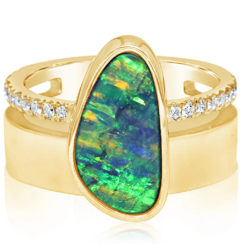 14K Yellow Gold Australian Opal Doublet/Diamond Cigar Band Ring