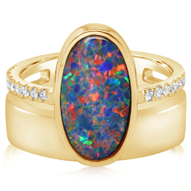 14K Yellow Gold Australian Opal Doublet/Diamond Cigar Band Ring