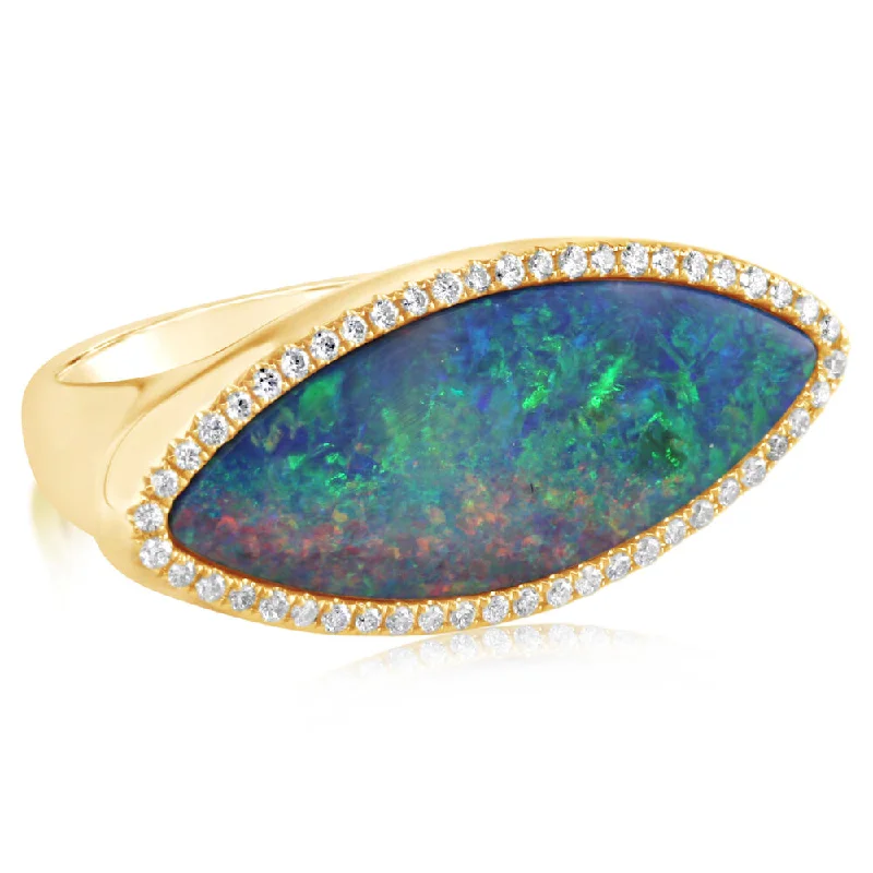 14K Yellow Gold Australian Opal Doublet/Diamond Ring