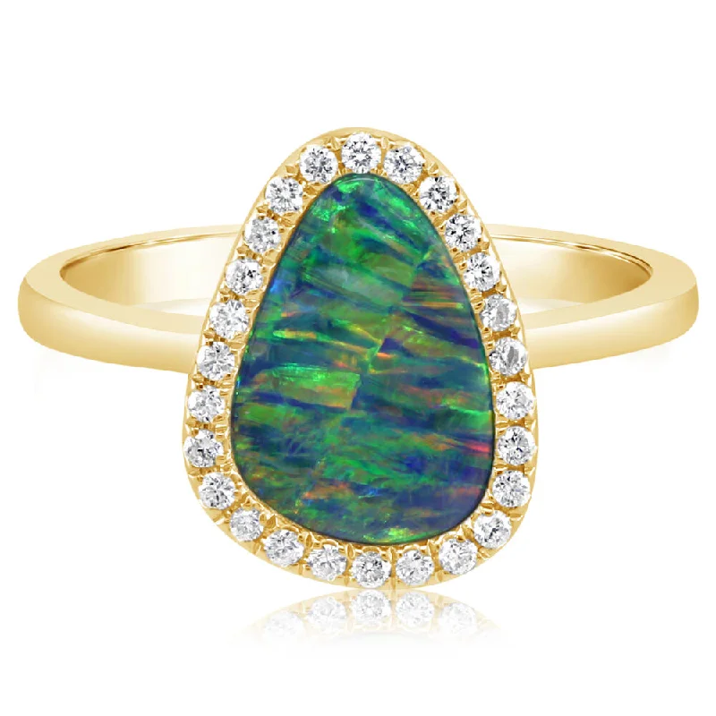 14K Yellow Gold Australian Opal Doublet/Diamond Ring