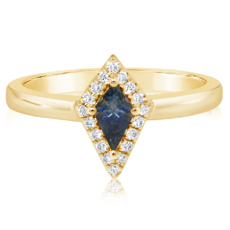 14K Yellow Gold Kite Shape Montana Sapphire/Diamond Ring