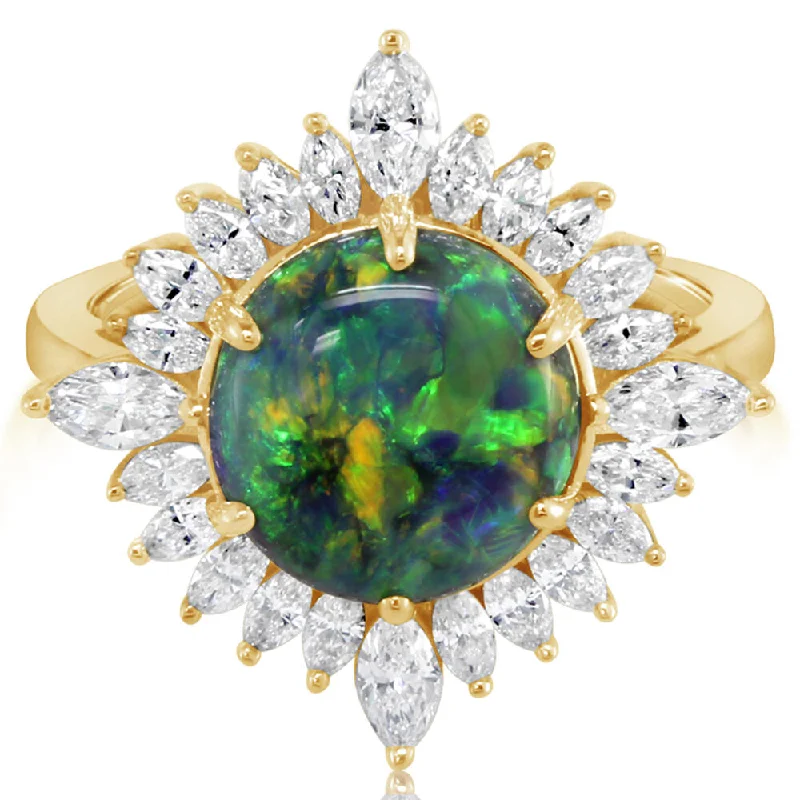 18K Yellow Gold Australian Black Opal/Diamond Sunflower Ring