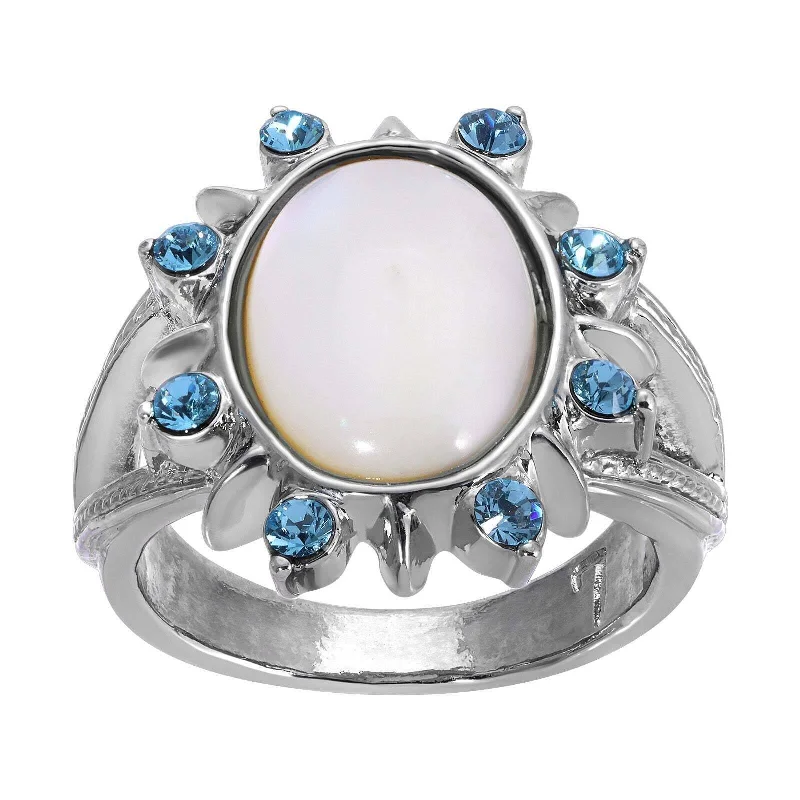 1928 Jewelry Aquamarine Crystal Crystal Mother Of Pearl Ring Size 7