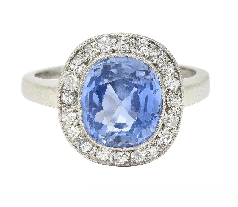 Art Deco 4.11 CTW No Heat Ceylon Sapphire Diamond 14 Karat Gold Halo Ring GIA