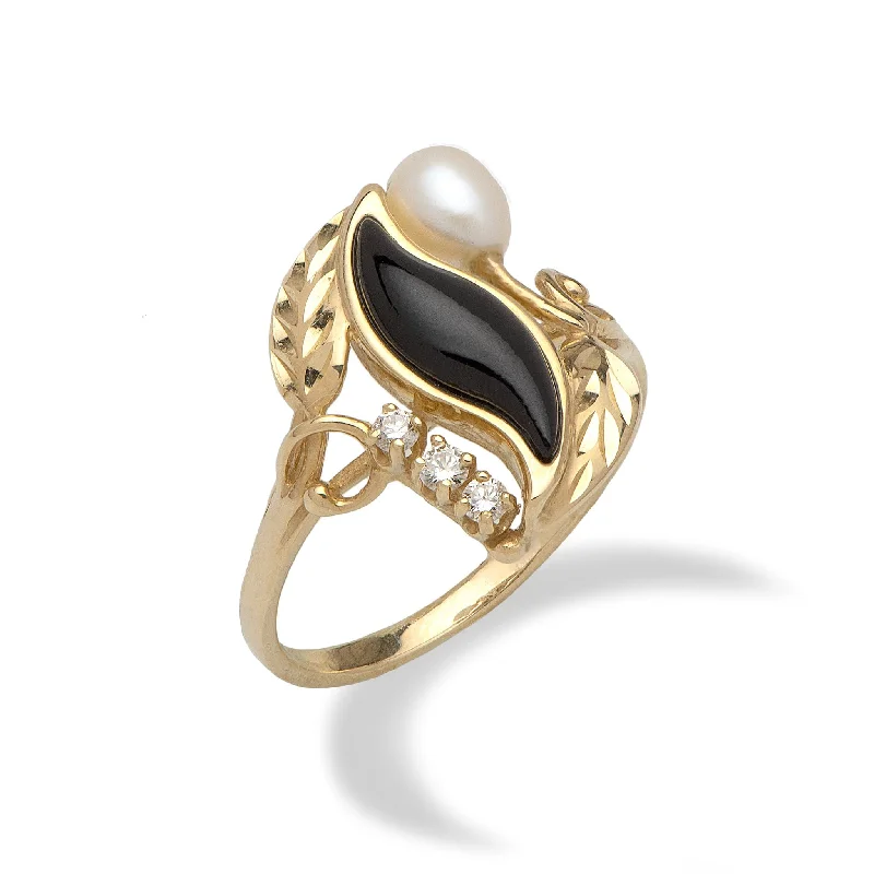 Paradise Black Coral & Pearl Ring in Gold with Diamonds