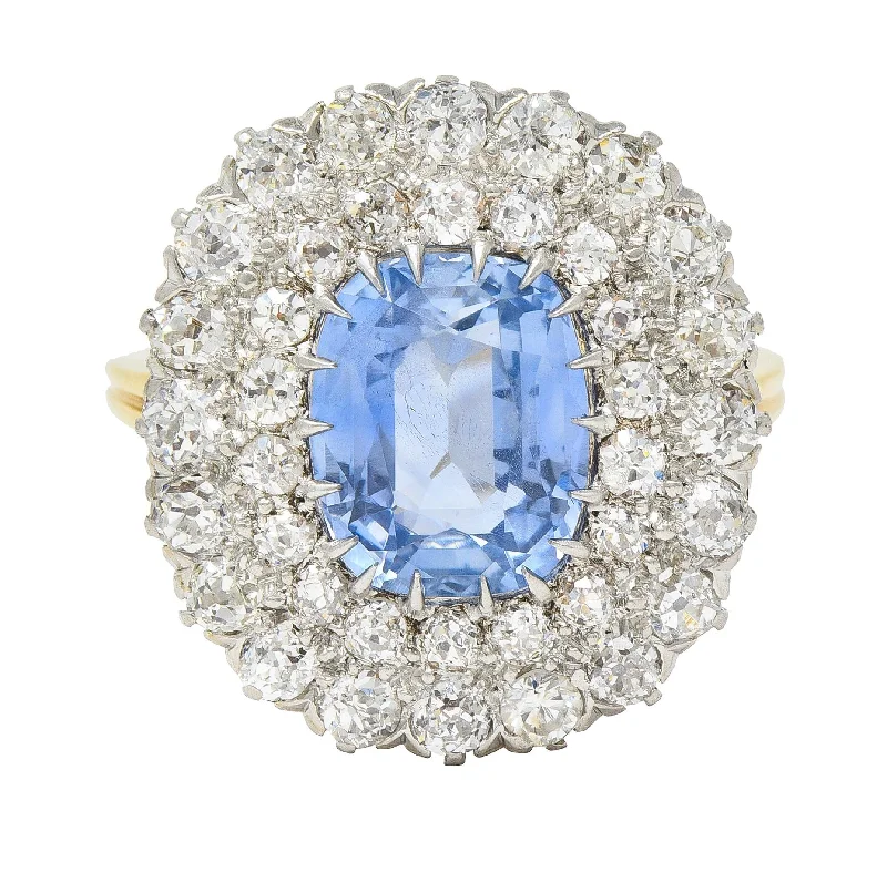 Edwardian 5.79 CTW No Heat Ceylon Sapphire Diamond Platinum 14 Karat Gold Double Halo Antique Ring GIA