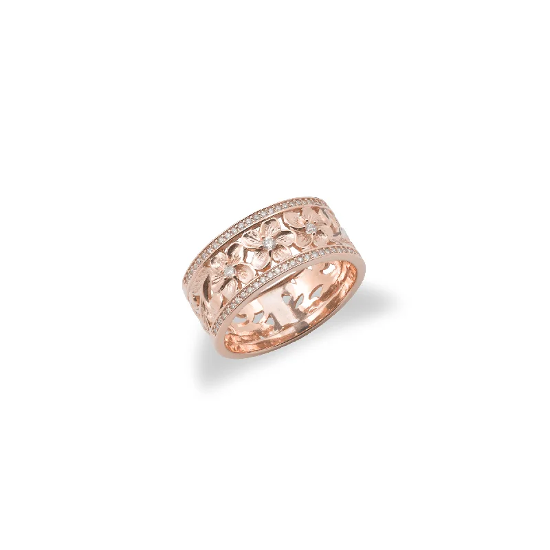 Hawaiian Heirloom Plumeria Ring in Rose Gold with Diamonds - 10mm