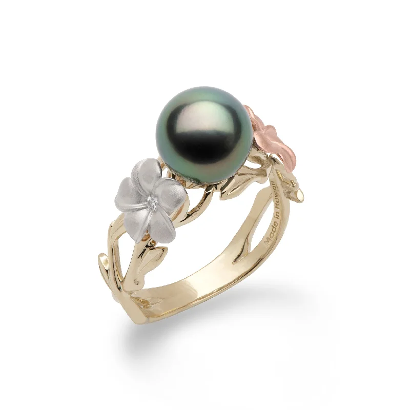 Pearls in Bloom Plumeria Tahitian Black Pearl Ring in Tri Color Gold with Diamonds - 8mm