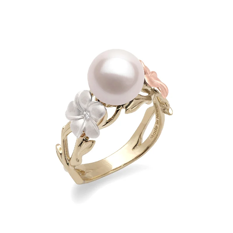 Pearls in Bloom Plumeria Akoya White Pearl Ring in Tri Color Gold with Diamonds - 8mm