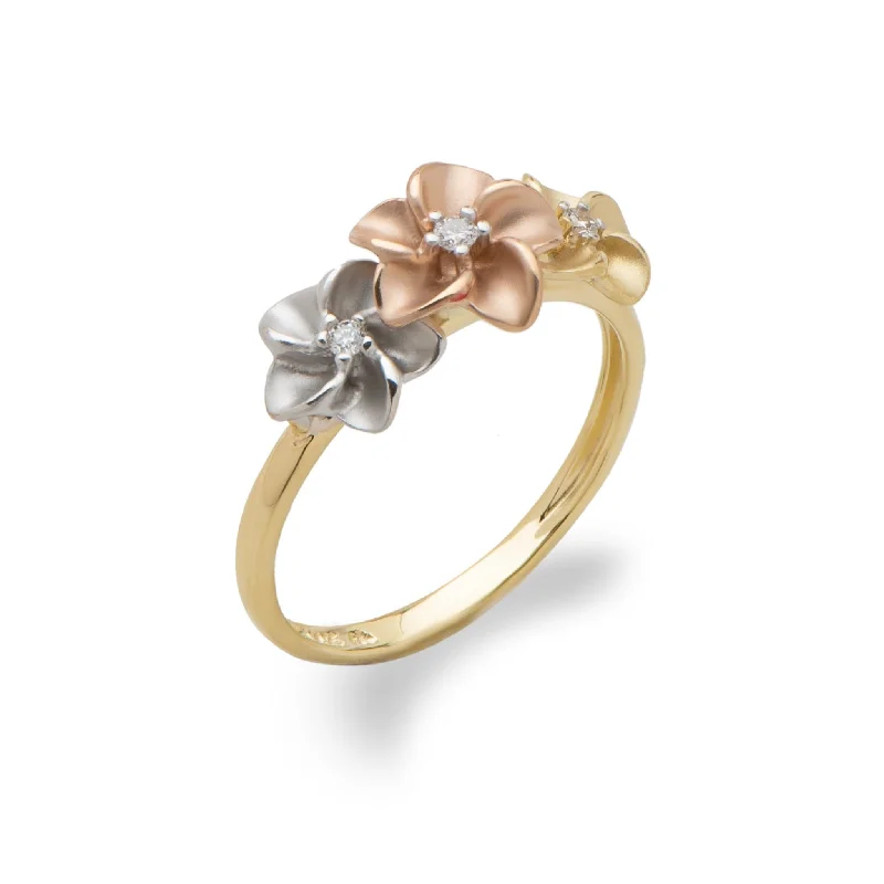 Plumeria Ring in Tri Color Gold with Diamonds - 8mm