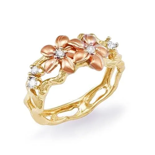 Plumeria Ring in Two Tone Gold with Diamonds - 10mm