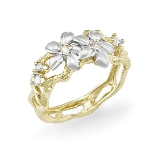 Plumeria Ring in Two Tone Gold with Diamonds - 10mm