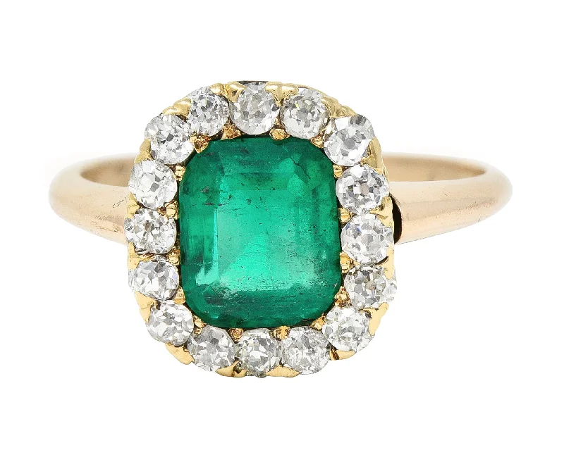 Victorian 2.51 CTW Cushion Cut Colombian Emerald Diamond 14 Karat Yellow Gold Antique Halo Ring GIA