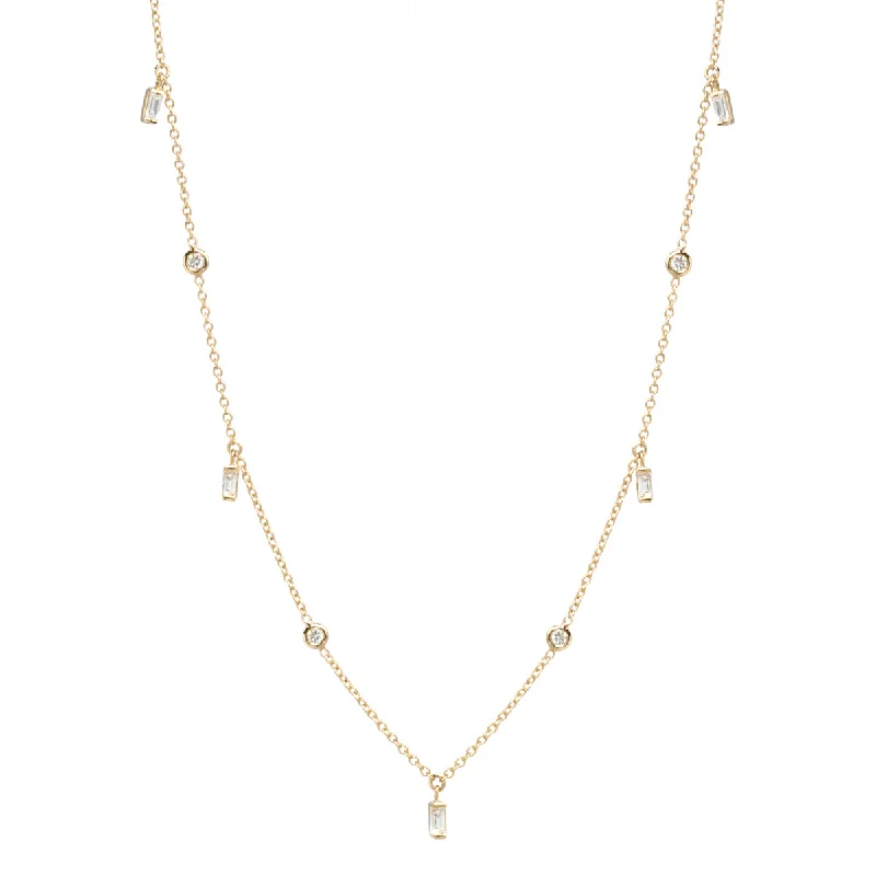 14k Baguette & Floating Diamond Station Necklace