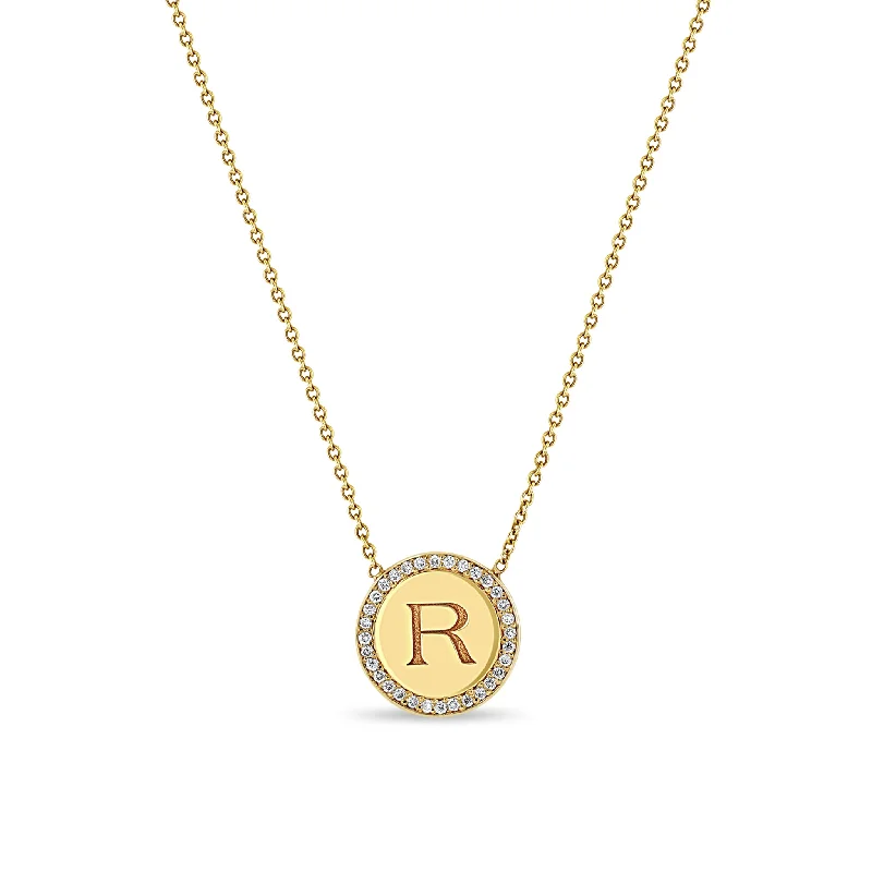 14k Medium Engraved Initial with Diamond Halo Disc Necklace