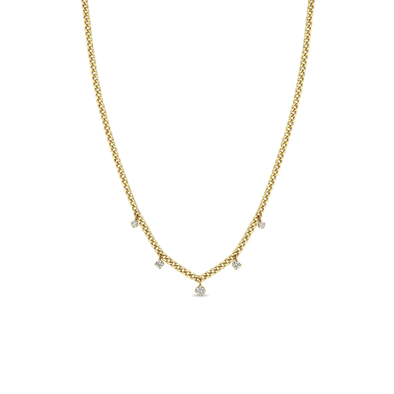 14k 5 Dangling Prong Diamond Extra Small Curb Chain Necklace