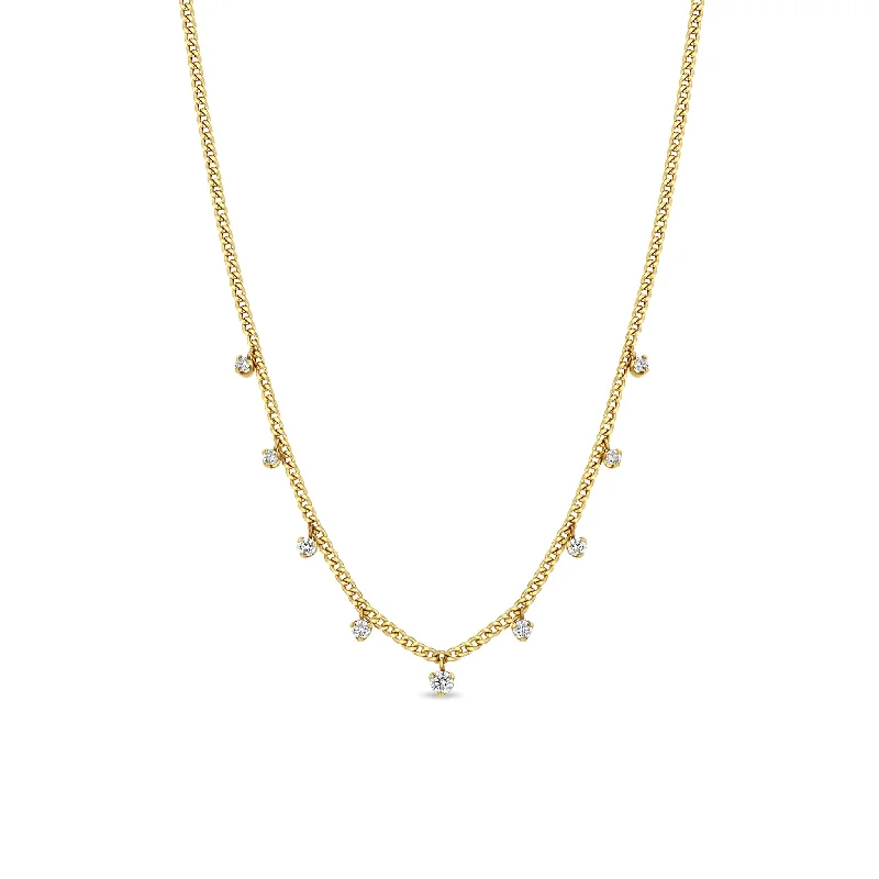 14k 9 Dangling Prong Diamond Extra Small Curb Chain Necklace