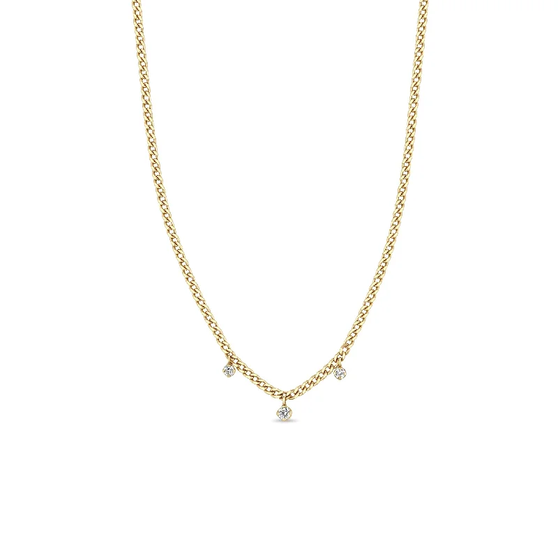 14k 3 Dangling Prong Diamond Extra Small Curb Chain Necklace