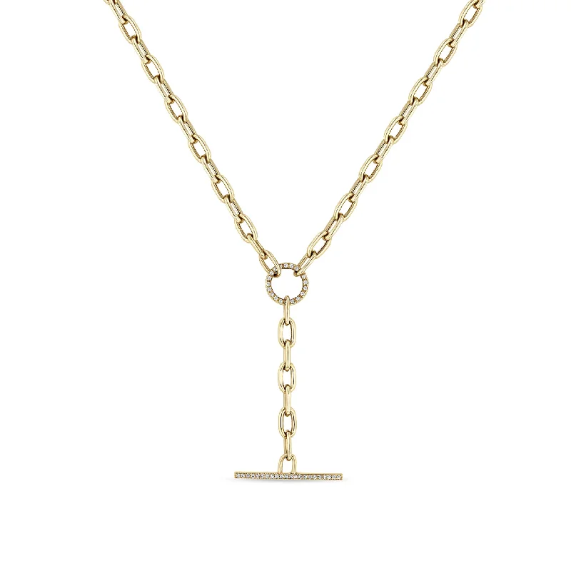 14k Large Square Oval Chain Pavé Diamond Faux Toggle Lariat Necklace