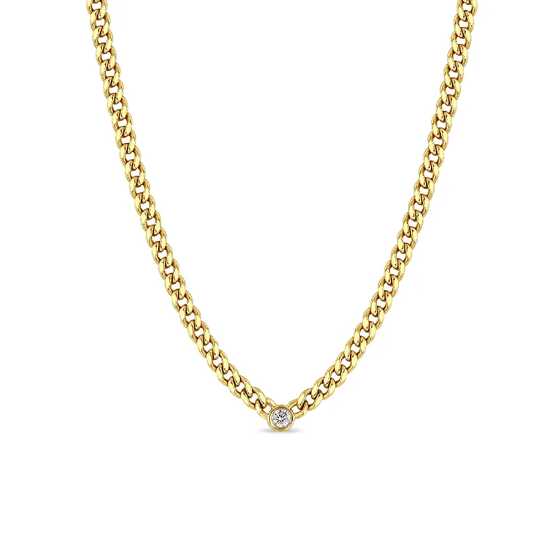 14k Medium Curb Chain Necklace with Floating Diamond