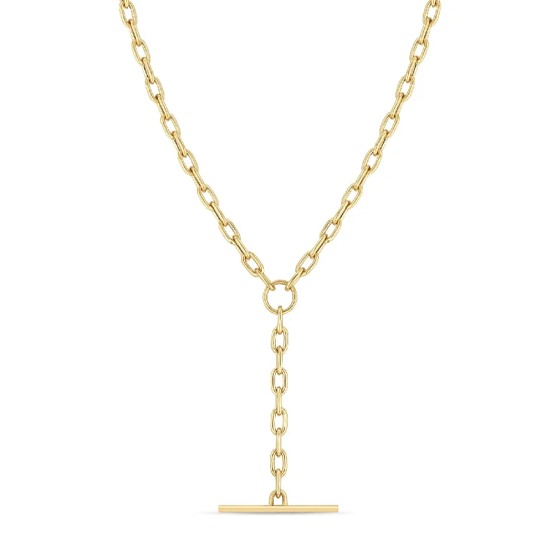 14k Gold Medium Square Oval Link Faux Toggle Lariat Necklace