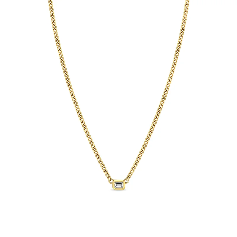 14k XS Curb Chain Emerald Cut Diamond Bezel Necklace