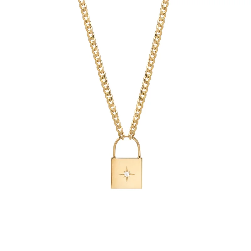 14k Large Padlock with Star Set Diamond Curb Chain Necklace