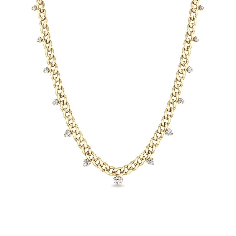 14k Graduated Prong Diamonds Medium Curb Chain Necklace