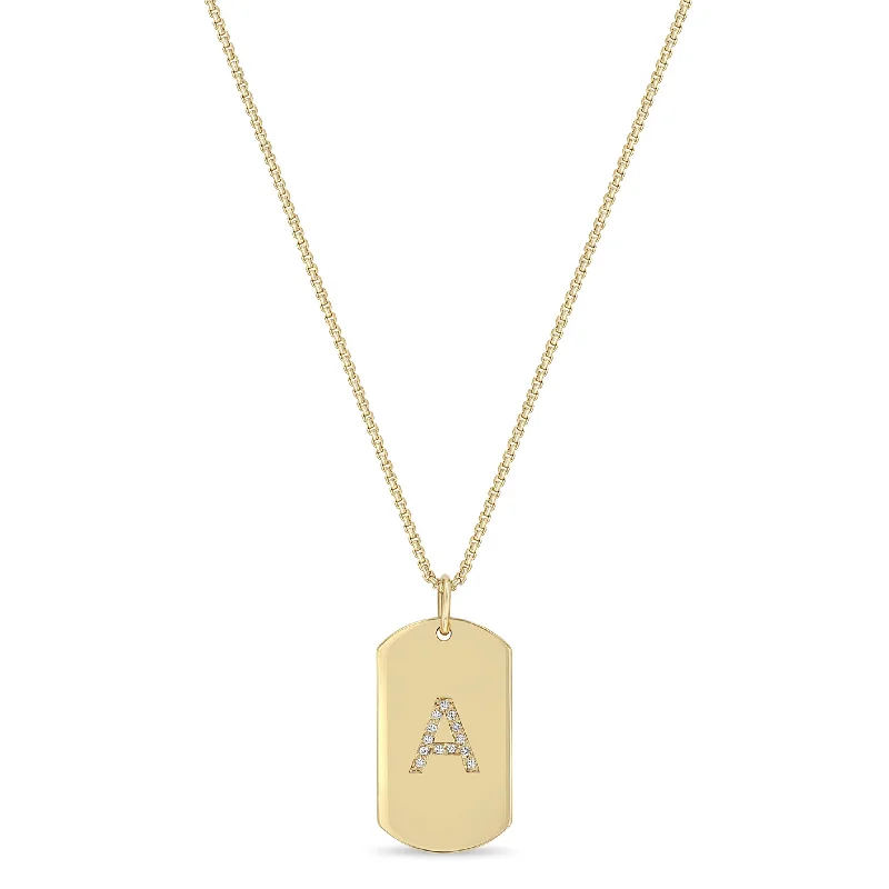 14k Pavé Diamond Initial Letter Medium Dog Tag Necklace