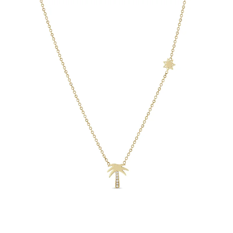 14k Midi Bitty Diamond Palm Tree Necklace with Itty Bitty Sun