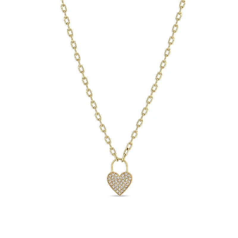 14k Small Oval Link Pavé Diamond Heart Padlock Necklace