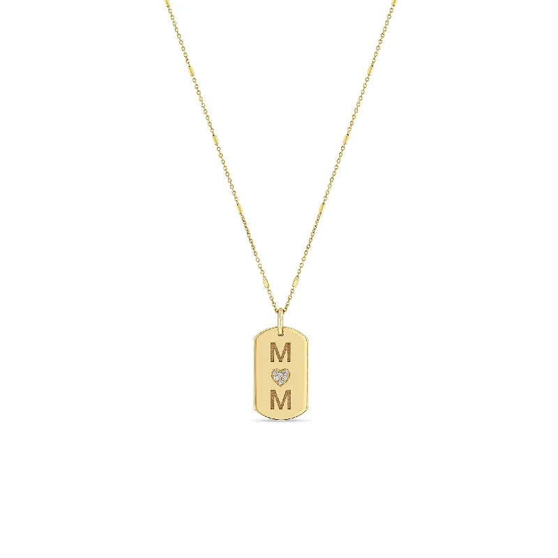 14k MOM with Pavé Diamond Heart X-Small Dog Tag Necklace