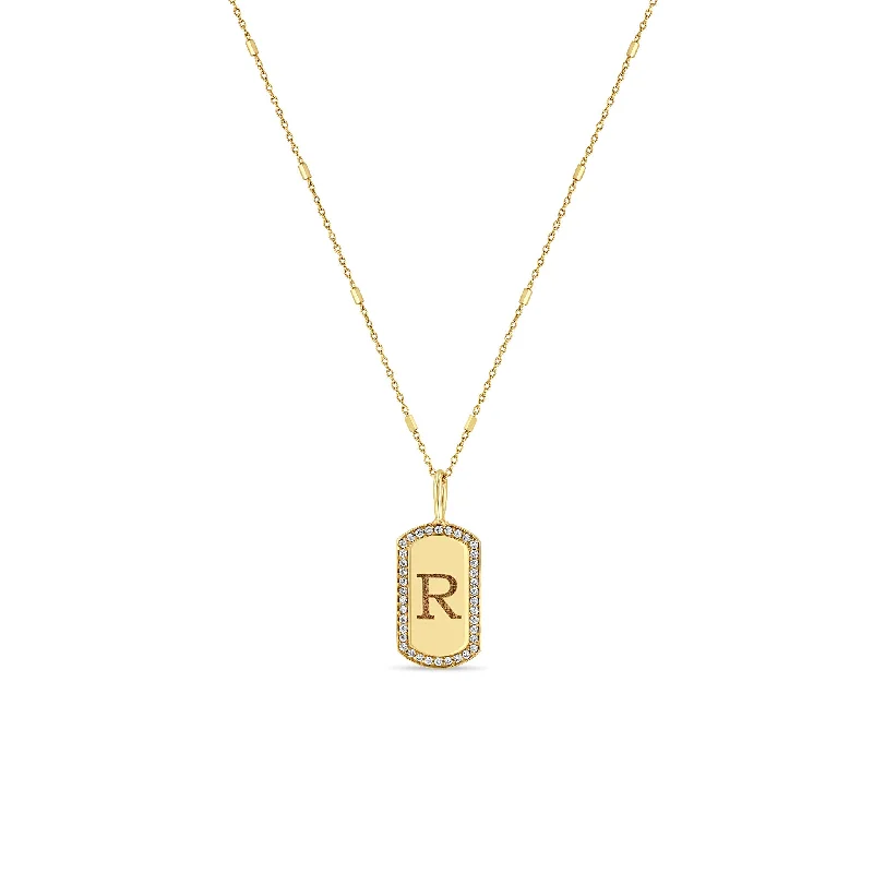 14k Engraved Initial X-Small Pavé Diamond Dog Tag Necklace