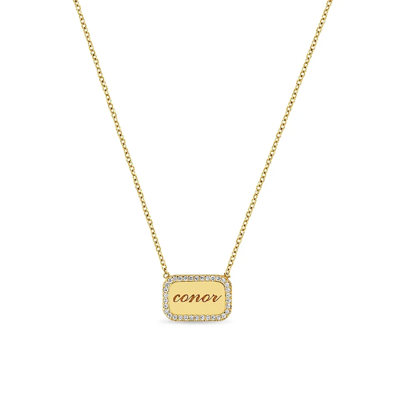 14k Personalized Rounded Rectangle Diamond Border Nameplate Necklace