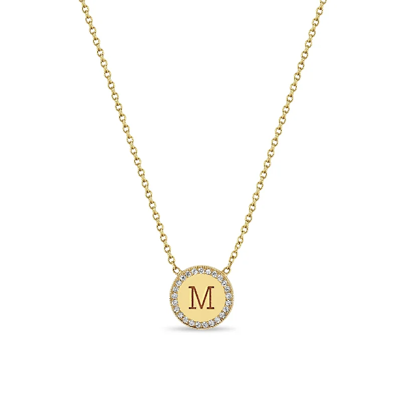 14k Small Engraved Initial & Diamond Halo Disc Necklace