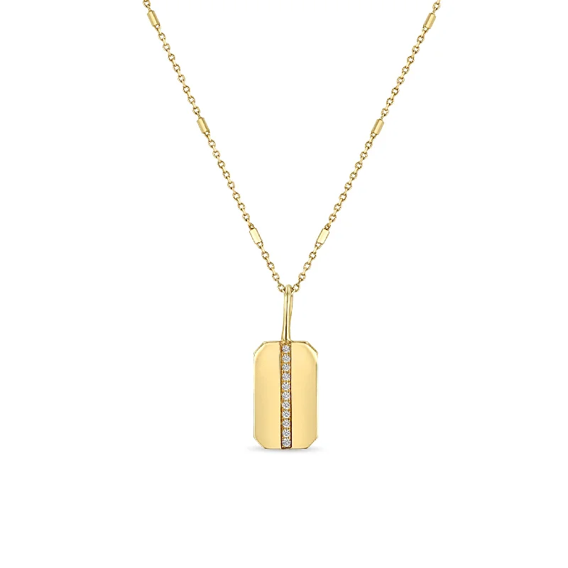 14k Pavé Diamond Line Small Square Edge Dog Tag Necklace