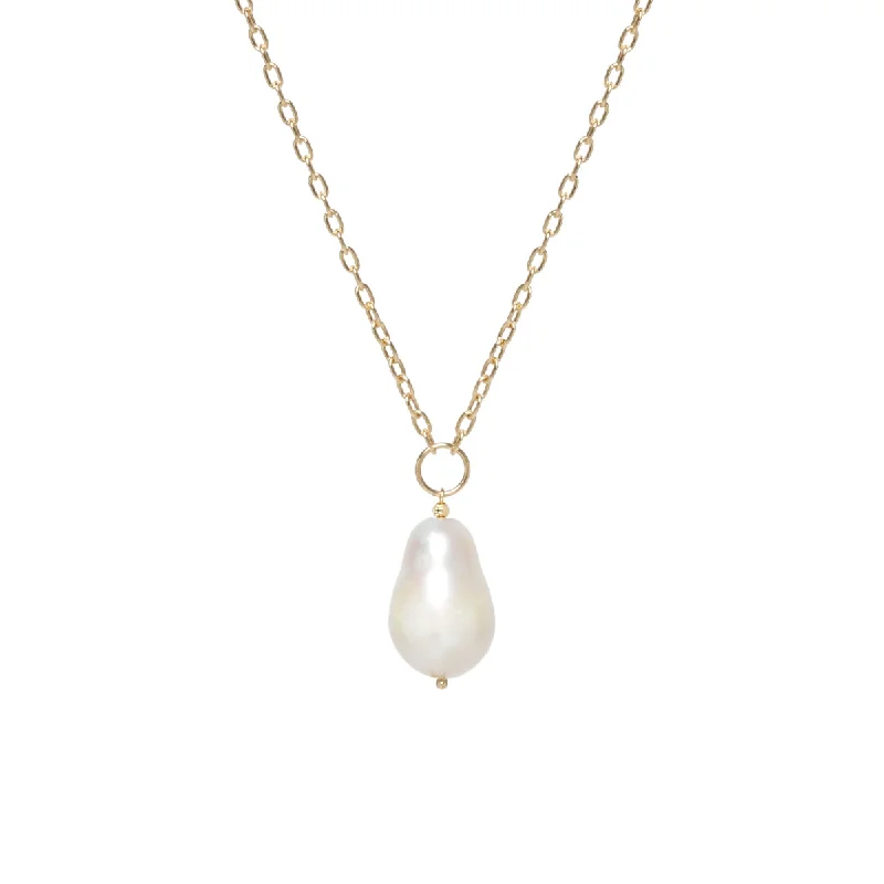 14k Small Square Oval Link Baroque Pearl Long Necklace