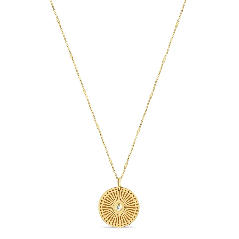 14k Small Sunbeam Medallion Diamond Bezel Necklace