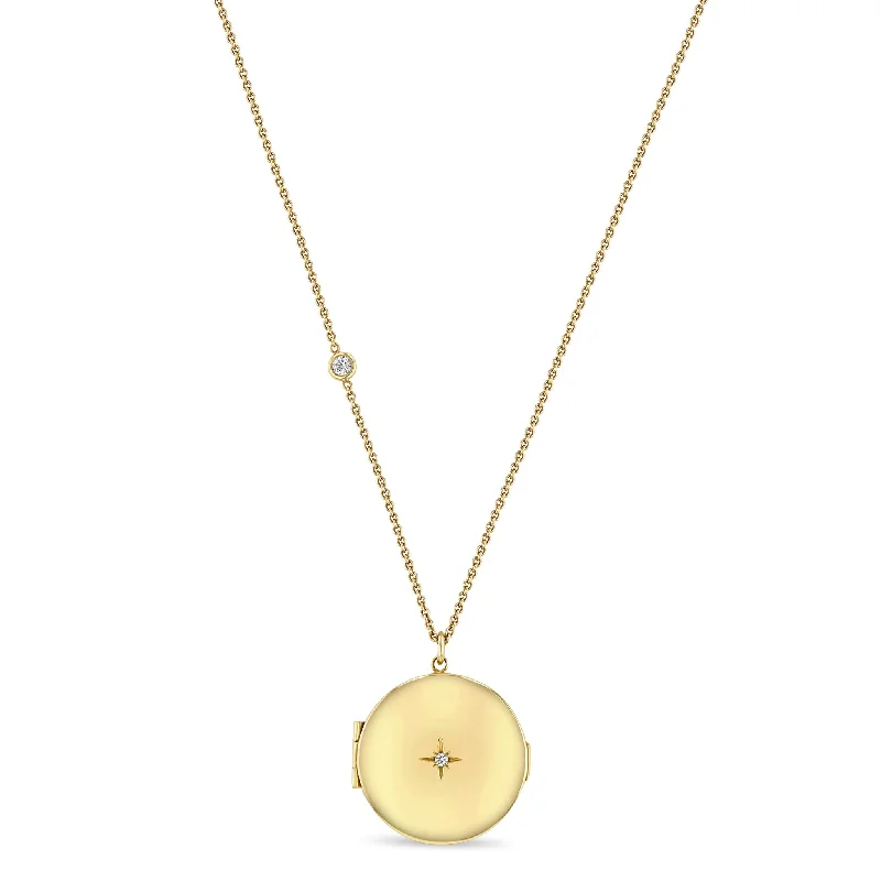 14k Large Round Diamond Locket Necklace with Floating Diamond