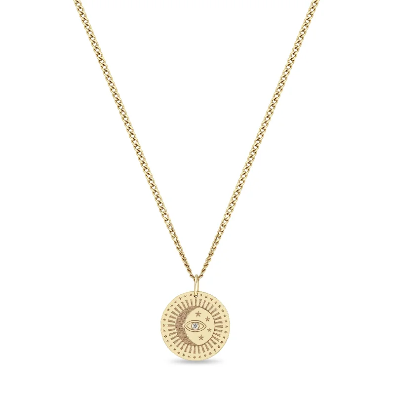 14k Small Celestial Protection Medallion with Diamond on XS Curb Chain