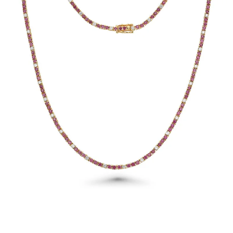 Alternate Ruby & Diamond Tennis Necklace (8.50 ct.) 4-Prongs Setting in 14K Gold