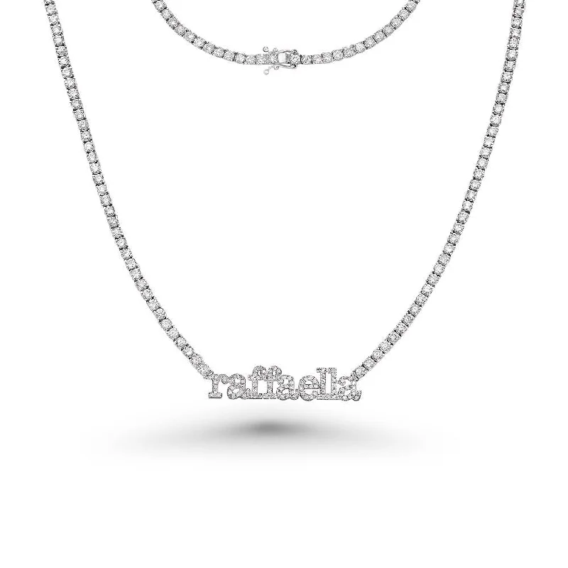 Custom Name Plate Diamond Tennis Necklace (8.50 ct.) 2.3 mm 4-Prongs Setting in 14K Gold